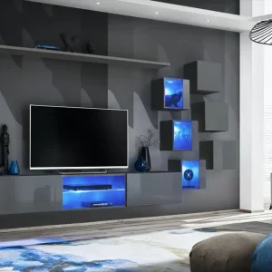 Jetzt Kaufen Elegante Wohnwand mit drei Hängeschränke Volleberg 03, Farbe: Grau - Abmessungen: 140 x 260 x 40 cm (H x B x T), mit Push-to-open Funktion