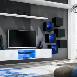 Preis Gesenkt Stylische Wohnwand mit LED-Beleuchtung Volleberg 05, Farbe: Weiß / Schwarz - Abmessungen: 140 x 260 x 40 cm (H x B x T), mit Push-to-open Funktion