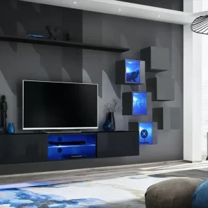 Wohnwand im modernen Design Volleberg 10, Farbe: Schwarz / Grau - Abmessungen: 140 x 260 x 40 cm (H x B x T), mit genügend Stauraum Markenware