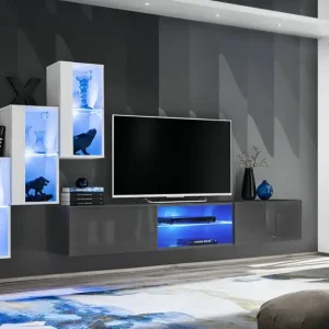 Wohnwand mit fünf Türen Volleberg 23, Farbe: Weiß / Grau - Abmessungen: 120 x 210 x 40 cm (H x B x T), mit Push-to-open Funktion Sichere Zahlung