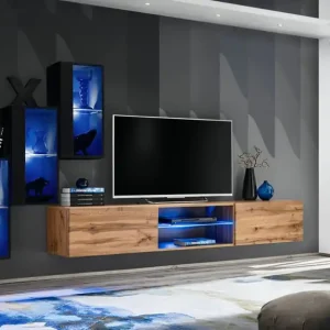 Wohnwand mit blauer LED-Beleuchtung Volleberg 30, Farbe: Schwarz / Eiche Wotan - Abmessungen: 120 x 210 x 40 cm (H x B x T), mit fünf Türen Günstig