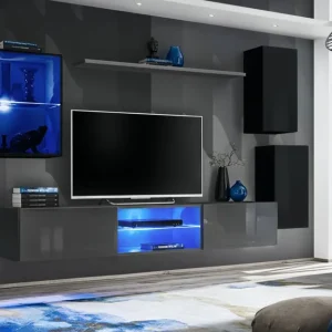 Jetzt Bestellen Wohnwand Wohnzimmer Volleberg 42, Farbe: Schwarz / Grau - Abmessungen: 140 x 250 x 40 cm (H x B x T), mit blauer LED-Beleuchtung