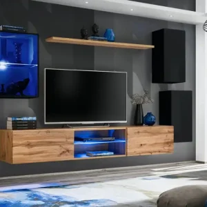 Elegante Wohnwand Volleberg 46, Farbe: Schwarz / Eiche Wotan - Abmessungen: 140 x 250 x 40 cm (H x B x T), mit fünf Türen Jetzt Kaufen