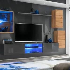 Kracherpreis Wohnzimmerwand mit LED-Beleuchtung Volleberg 47, Farbe: Eiche Wotan / Grau - Abmessungen: 140 x 250 x 40 cm (H x B x T), mit Push-to-open Funktion