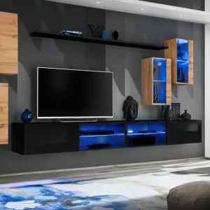 Wohnwand mit genügend Stauraum Volleberg 77, Farbe: Eiche Wotan / Schwarz - Abmessungen: 150 x 280 x 40 cm (H x B x T), mit LED-Beleuchtung Begrenztes Angebot