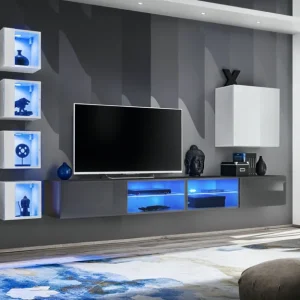 Elegante Wohnzimmerwand Volleberg 88, Farbe: Grau / Weiß - Abmessungen: 150 x 280 x 40 cm (H x B x T), mit blauer LED-Beleuchtung Must-Have