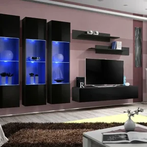 Must-Have Schlichte Wohnwand Hompland 32, Farbe: Schwarz - Abmessungen: 170 x 260 x 40 cm (H x B x T), mit blauer LED-Beleuchtung