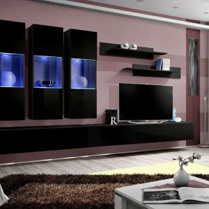 Wohnwand mit Push-to-open Funktion Hompland 48, Farbe: Schwarz - Abmessungen: 170 x 320 x 40 cm (H x B x T), mit blauer LED-Beleuchtung Top-Preis