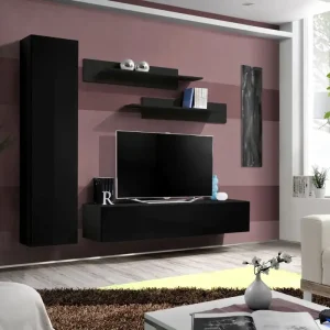 Wohnwand hängend mit LED-Beleuchtung Hompland 64, Farbe: Schwarz - Abmessungen: 170 x 210 x 40 cm (H x B x T), mit genügend Stauraum Knallerangebot