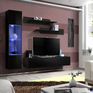 Hängende Wohnwand Hompland 72, Farbe: Schwarz - Abmessungen: 170 x 210 x 40 cm (H x B x T), mit blauer LED-Beleuchtung Sofort Bestellen