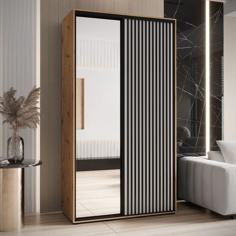 Schiebetürenschrank Mina mit Spiegel in Eiche/Weiß, auch für Wohnzimmer geeignet, Anti Staubbürsten, schwarze Metallgriffe, 235,2 x 130 x 60 cm Direkt Vom Hersteller