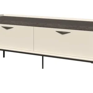 Neu Im Sortiment TV-Unterschrank mit 2 Schubladen | Creme | 66 x 167 x 50 cm | Soft Close System | abgerundete Ablagefläche in Eiche-Grau-Dekor | Metallbeine
