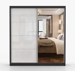 Kleiderschrank / Schiebetürenschrank 2,0 Meter breit | Gorski 32 | Weiß / Schwarz | mit Spiegel | 2 Türen | Griffe: Metall | 218 x 203 x 61 cm Bestpreis