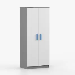 Drehtürenschrank / Kleiderschrank| 192 x 80 x 50 cm | Weiß / Grau | Smolikas 59 | 2 Türen | eine Kleiderstange | 5 Fächer | blaue Holzgriffe Sonderaktion