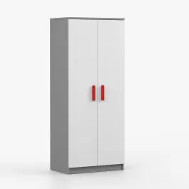 Must-Have Kleiderschrank/ Drehtürenschrank | Weiß / Grau | Smolikas 61 | 2 Türen | 1 Kleiderstange | 192 x 80 x 50 cm | rote Holzgriffe | 5 Fächer | eckig