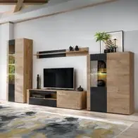 Zertifiziert Wohnwand ARON mit Rillenfront und Bio Ethanol Kamin LED und Push - Click