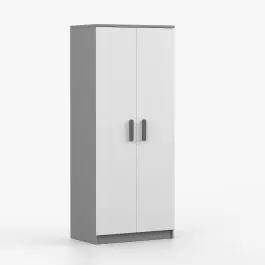 Drehtürenschrank / Kleiderschrank| 192 x 80 x 50 cm | Weiß / Grau | Smolikas 64 | 2 Türen | 1 Kleiderstange | 5 Fächer | graue Holzgriffe Begrenztes Angebot