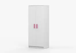 Direktkauf Kleiderschrank/ Drehtürenschrank | Weiß | Smolikas 66 | 2 Türen |1Kleiderstange | Holzgriffe in rosa | 5 Fächer | 192 x 80 x 50 cm | eckig