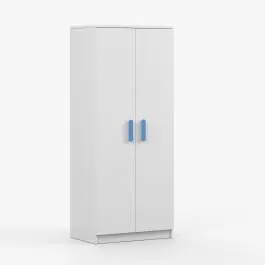Drehtürenschrank / KleiderschrankWeiß | Smolikas 67 | 192 x 80 x 50 cm | 2 Türen | 1 Kleiderstange | 5 Fächer | blaue Holzgriffe | viel Stauraum Markenprodukt
