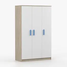 Drehtürenschrank / Kleiderschrank Weiß / Sonoma Eiche | Smolikas 102 | Holzgriffe | 192 x 120 x 50 cm | 3 Türen | 9 Fächer | 1 Kleiderstange Nur Heute