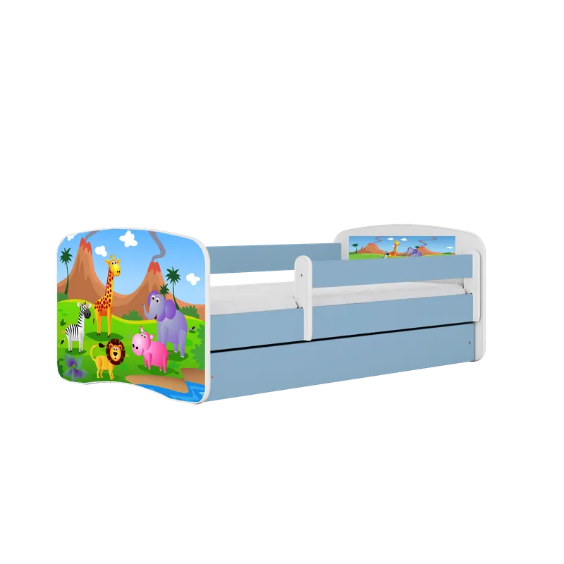 Abverkauf Babydreams Juniorbett mit Safaritieren, mit Matratze, Bettgitter, Schublade - weiß-blaues Laminat (160x80)