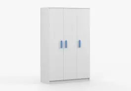 Kleiderschrank / Drehtürenschrank 1,2 Meter breit | Smolikas 118 | 192 x 120 x 50 cm | Weiß | Holzgriffe | 3 Türen | Kleiderstange | 9 Fächer Abverkauf