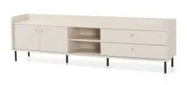 TV-Unterschrank | 2 Schubladen | langes Design | Farbe: Beige mit Holzstruktur | 4 Fächer | Maße: 210 x 42 x 59 cm | 2 Drehtüren | Beine & Griffe: Metall Neuheit