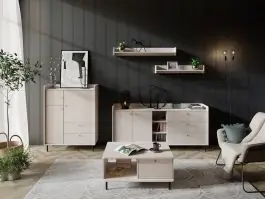 Preis Gesenkt Wohnzimmer Set | 5-teilig | Farbe: Beige mit Holzstruktur | Griffe & Beine: Metall | 1 Couchtisch | 2 Wandregal | 2 Kommoden | genügend Stauraum