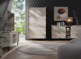 Wohnzimmer Set | 3-teilig | Farbe: Beige mit Holzstruktur | Beine und Griffe: Metall | 1 Schrank mit zwei Schubladen | 1 TV-Unterschrank | 1 lange Kommode Angebot