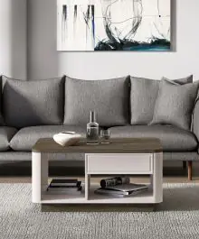 Couchtisch | 1 Schublade | Farbe: Kaschmir / Eiche Windmill dunkel | 2 Fächer | Soft-Close-Funktion | Griff: Metall | Maße: 90 x 60 x 45 cm | Kaffeetisch Sofort Bestellen