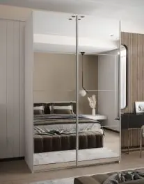 Kracherpreis Kleiderschrank / Schiebetürenschrank | 2 Kleiderstangen | Soft-Close | 6 Einlegeböden | 245,5 x 150 x 64 cm | Farbe: Weiß | Spiegel | 6 Fächer