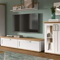 Wohnwand weiß Landhaus Lärche und Eiche Wohnzimmer Schrankwand 4-teilig 316 cm Finale Aktion