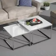 2er Set Design Couchtisch MENTO 60/50cm weiss hochglanz Edelstahl-Gestell Expressversand