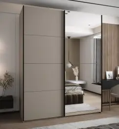 Meistverkauft Kleiderschrank / Schiebetürenschrank | 245,5 x 190 x 64 cm | Farbe: Kaschmir | Soft-Close | Spiegel | 2 Schiebetüren | 2 Kleiderstangen | 6 Fächer