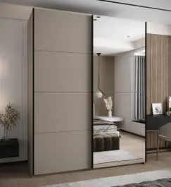 Kleiderschrank / Schiebetürenschrank | 245,5 x 200 x 64 cm | Soft-Close | Spiegel | 2 Kleiderstange | 2 Schiebetüren | Farbe: Kaschmir | 6 Fächer Billig