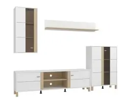 Zertifiziert Wohnwand | 2 Vitrinen | Farbe: Opak Weiß / Eiche hell Port | 1 TV-Unterschrank | 1 Wandregal | Maße: 260 x 40 x 183 cm | getöntes Glas | 2 Kabeldurchführungen