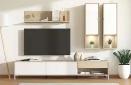 Direkt Vom Hersteller Wohnwand | 1 TV-Unterschrank | Farbe: Opak Weiß / Eiche hell Port | 2 Hängeschränke | Maße: 234 x 40 x 176 cm | Metallgriffe | 9 Fächer | 1 Schublade