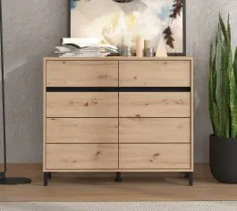 Ausverkauf Kommode | 2 Drehtüren | Farbe: Eiche Artisan | 4 Fächer | Maße: 106 x 40 x 90 cm | ABS-Kanten | modernes Design | Beine: Schwarz | 2 Schubladen