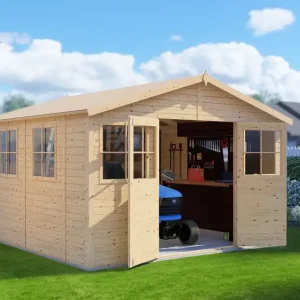 Markenprodukt Gartenhaus mit viel Stauraum Freital 02, Naturbelassen, 3,5 x 3,5 Meter, Gerätehaus mit Satteldach, Elementbauweise, 2 Fenster zum Öffnen