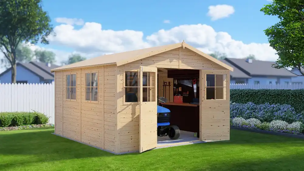 Markenprodukt Gartenhaus mit viel Stauraum Freital 02, Naturbelassen, 3,5 x 3,5 Meter, Gerätehaus mit Satteldach, Elementbauweise, 2 Fenster zum Öffnen