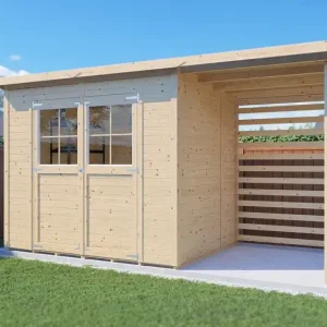 Highlight Steiner Gartenhaus Glücksburg 04 | inkl. Schleppdach | inkl. Fußboden | Naturbelassen | Nutzfläche: 6,87 m² | Pultdach | Doppelflügeltür inkl. Fenster