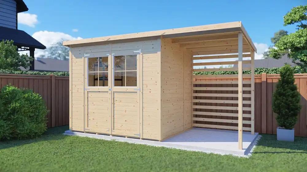 Highlight Steiner Gartenhaus Glücksburg 04 | inkl. Schleppdach | inkl. Fußboden | Naturbelassen | Nutzfläche: 6,87 m² | Pultdach | Doppelflügeltür inkl. Fenster