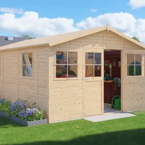 Kostenfreie Lieferung Gartenhaus Freital 03 mit Satteldach, Elementbauweise, Naturbelassen, 3,5 x 4,7 Meter, geräumiges Gerätehaus, einfacher Aufbau, Holz-Gartenhaus