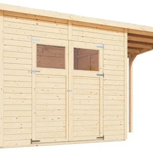 Gartenhaus Dresden 03 mit Anbaudach inkl. Fußboden, Naturbelassen - 14 mm Elementgartenhaus, Nutzfläche: 4,20 m², Pultdach Abverkauf