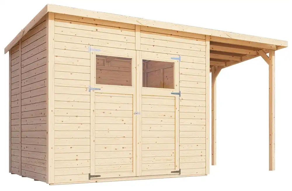 Gartenhaus Dresden 03 mit Anbaudach inkl. Fußboden, Naturbelassen - 14 mm Elementgartenhaus, Nutzfläche: 4,20 m², Pultdach Abverkauf