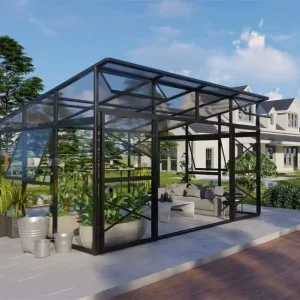Markenware Gewächshaus Oregano 01, Ausführung: Hohlkammerplatten Dach 10 mm und Echtglas Wand 4 mm, Abmessungen: 271 x 271 x 241 cm  (L x B x H), Farbe: Schwarz