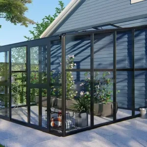Top-Seller Anlehngewächshaus Thymian 02, Ausführung: Hohlkammerplatten Dach 8 mm und Echtglas Wand 4 mm, Abmessungen: 320 x 392 x 250 cm (L x B x H), Farbe: Schwarz