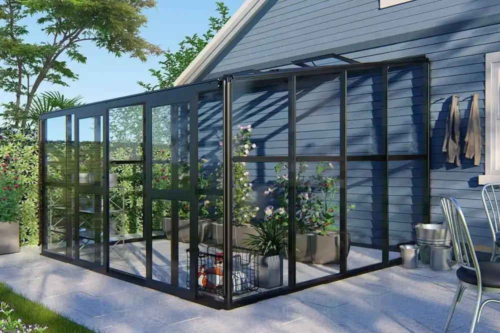 Top-Seller Anlehngewächshaus Thymian 02, Ausführung: Hohlkammerplatten Dach 8 mm und Echtglas Wand 4 mm, Abmessungen: 320 x 392 x 250 cm (L x B x H), Farbe: Schwarz