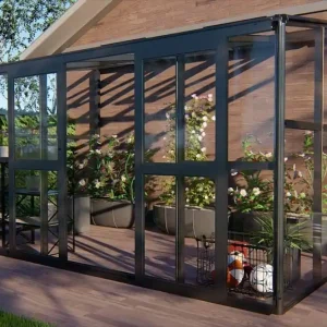 Anlehngewächshaus Thymian 01, Ausführung: Hohlkammerplatten Dach 8 mm und Echtglas Wand 4 mm, Abmessungen: 242 x 392 x 237 cm  (L x B x H), Farbe: Schwarz Bestpreis