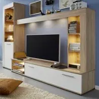 Wohnwand Schrankwand Sonoma Eiche und weiß Wohnzimmer Anbauwand Beleuchtung Logo Billig